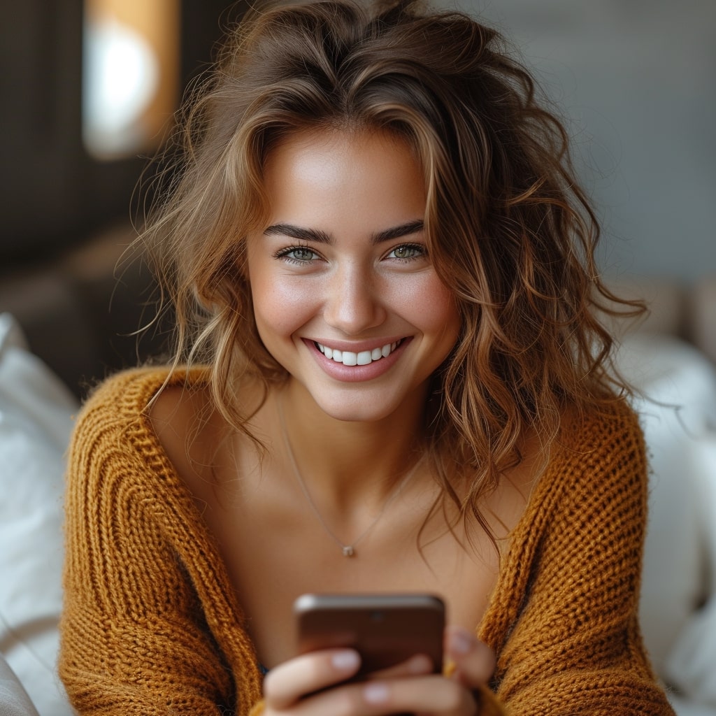 The girl smiles and holds up her phone